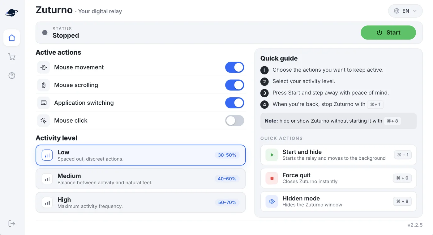 Zuturno main window on Mac: active actions, activity level and quick actions
